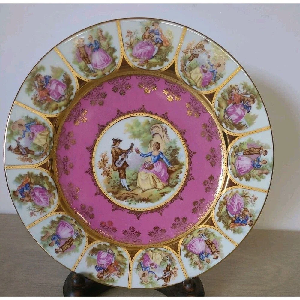 JKW Porcelain Fragonard Love Story Plate Courting Pink Gold West Germany 10.25